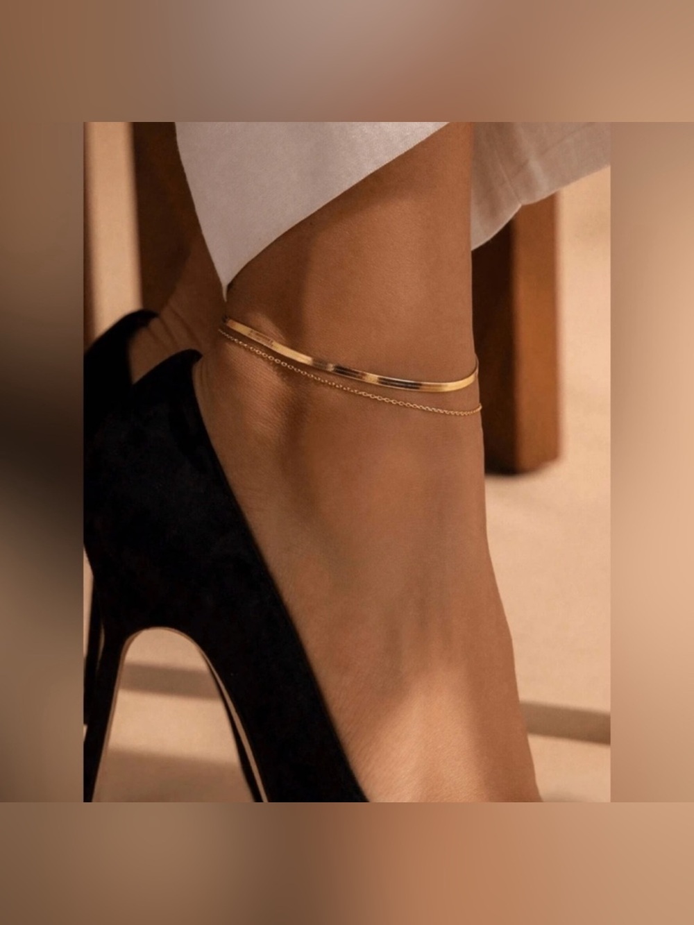 Gold Plated Stainless Steel 2pc Chain Herringbone Anklet Set